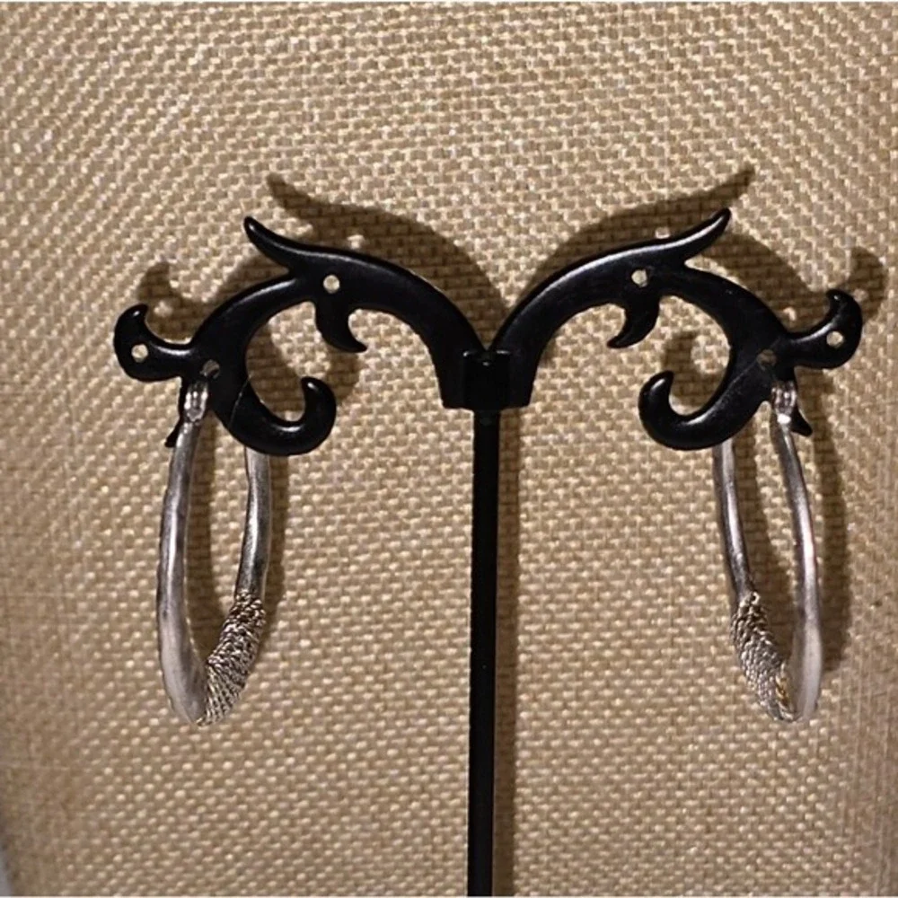 Lucky Brand Silver Hammered Hoop Earrings Wire‎ Wrapped Boho Medium 1.25 Inch